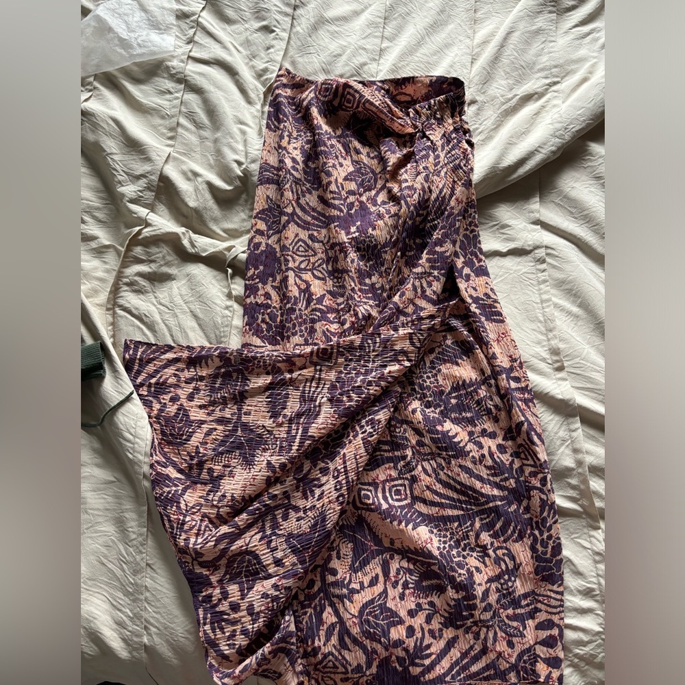 Zara Skirt Purple Twist Knot Crinkle Midi Floral With Slit
